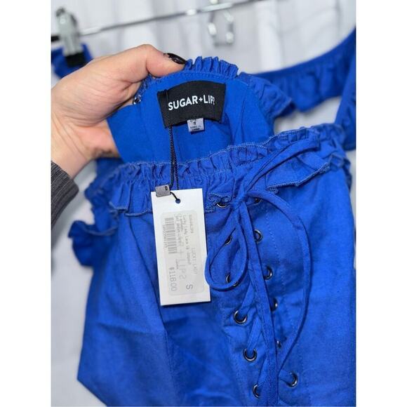 SugarLips royal blue tank top jumpsuit with ruffle straps | Sz S, NWT - Picture 5 of 5
